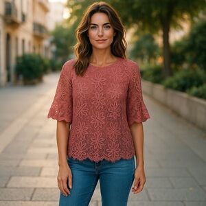 Nanette Lepore Dusty Rose Floral Lace Top with Bell Sleeves Size Large